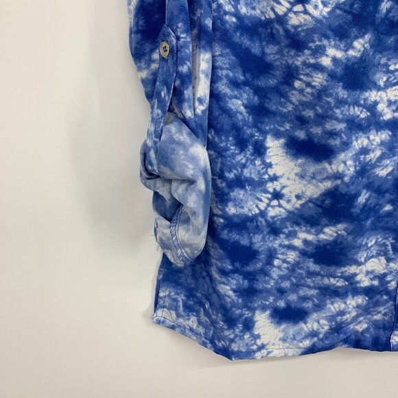 Notations Top Blue Tie Dye Button Down Roll Tab Sleeve NWT - Picture 4 of 9